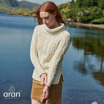 Aran Woollen Mills Aran Tunic Sweater With Vented Roll Neck Natural